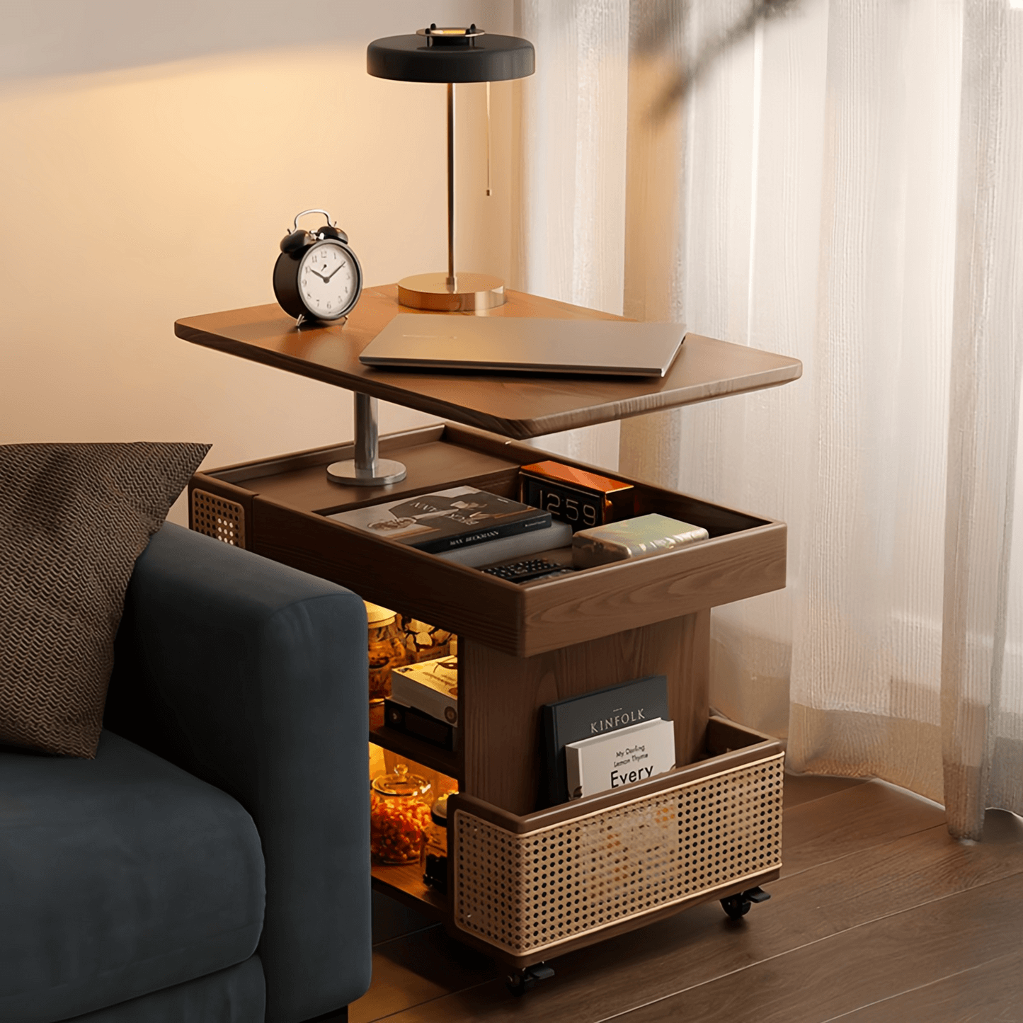 Walnut Lift-Top Coffee Table With Rattan Drawer Hauptbild