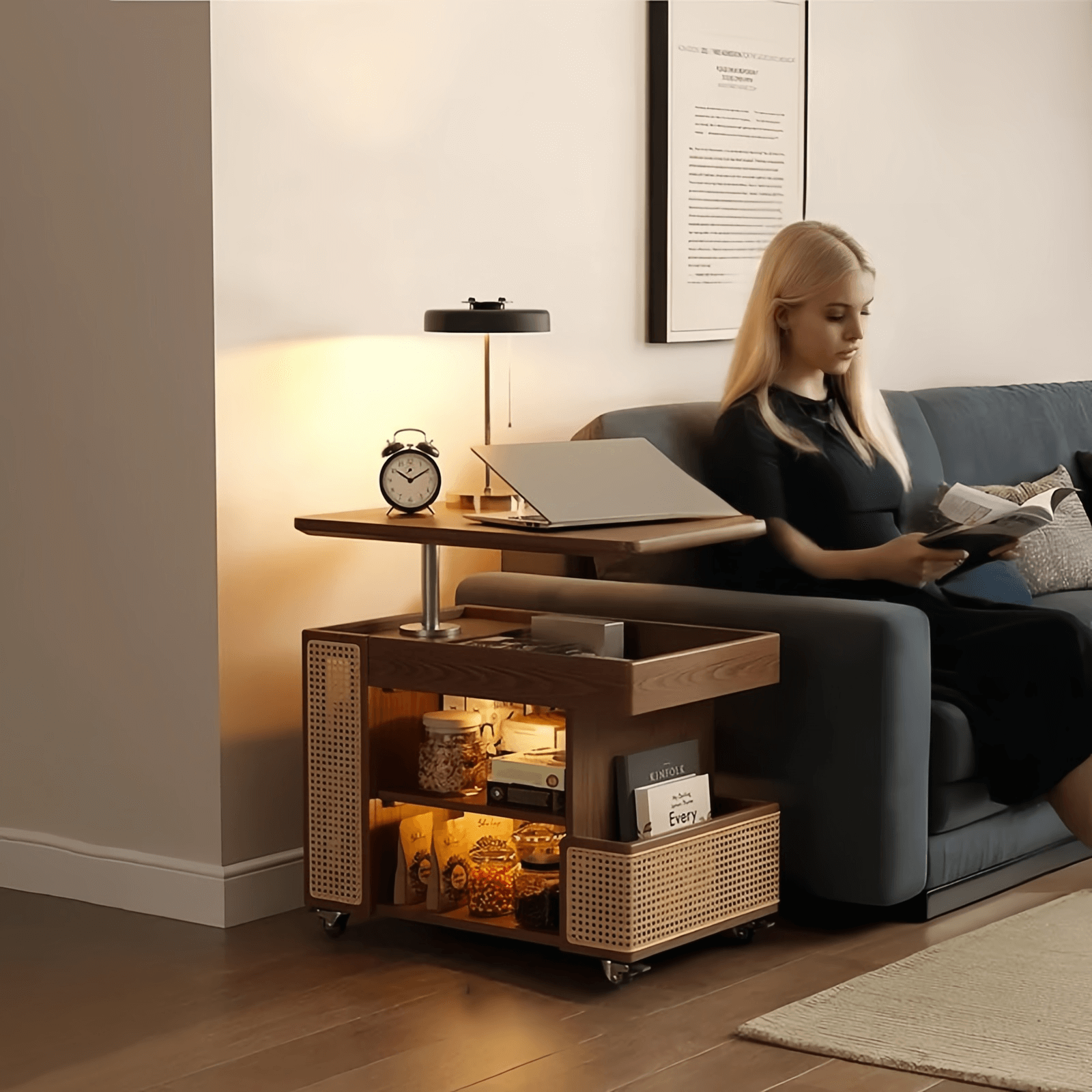 Walnut Lift-Top Coffee Table With Rattan Drawer