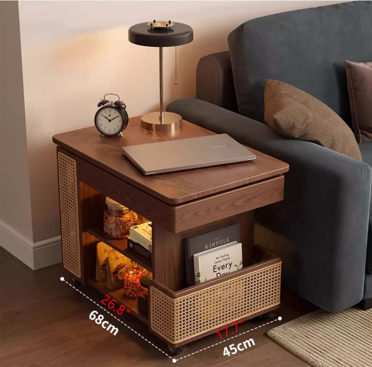 Walnut Lift-Top Coffee Table With Rattan Drawer