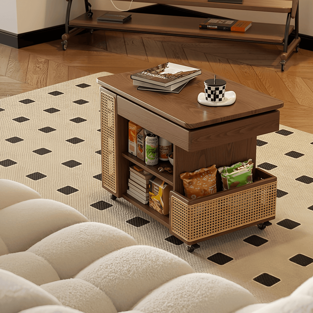 Walnut Lift-Top Coffee Table With Rattan Drawer