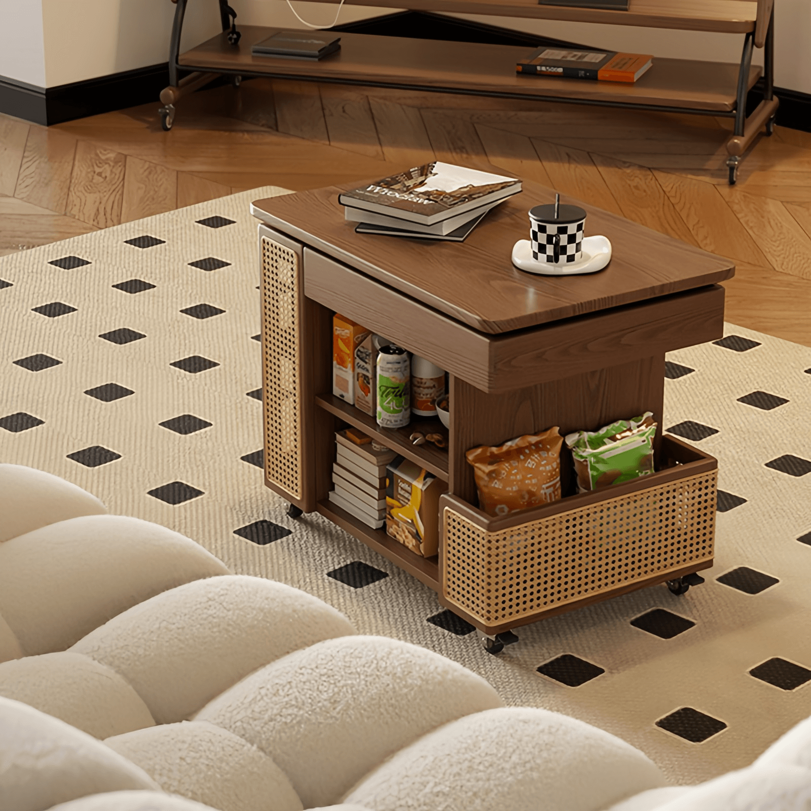 Walnut Lift-Top Coffee Table With Rattan Drawer