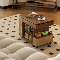 Walnut Lift-Top Coffee Table With Rattan Drawer