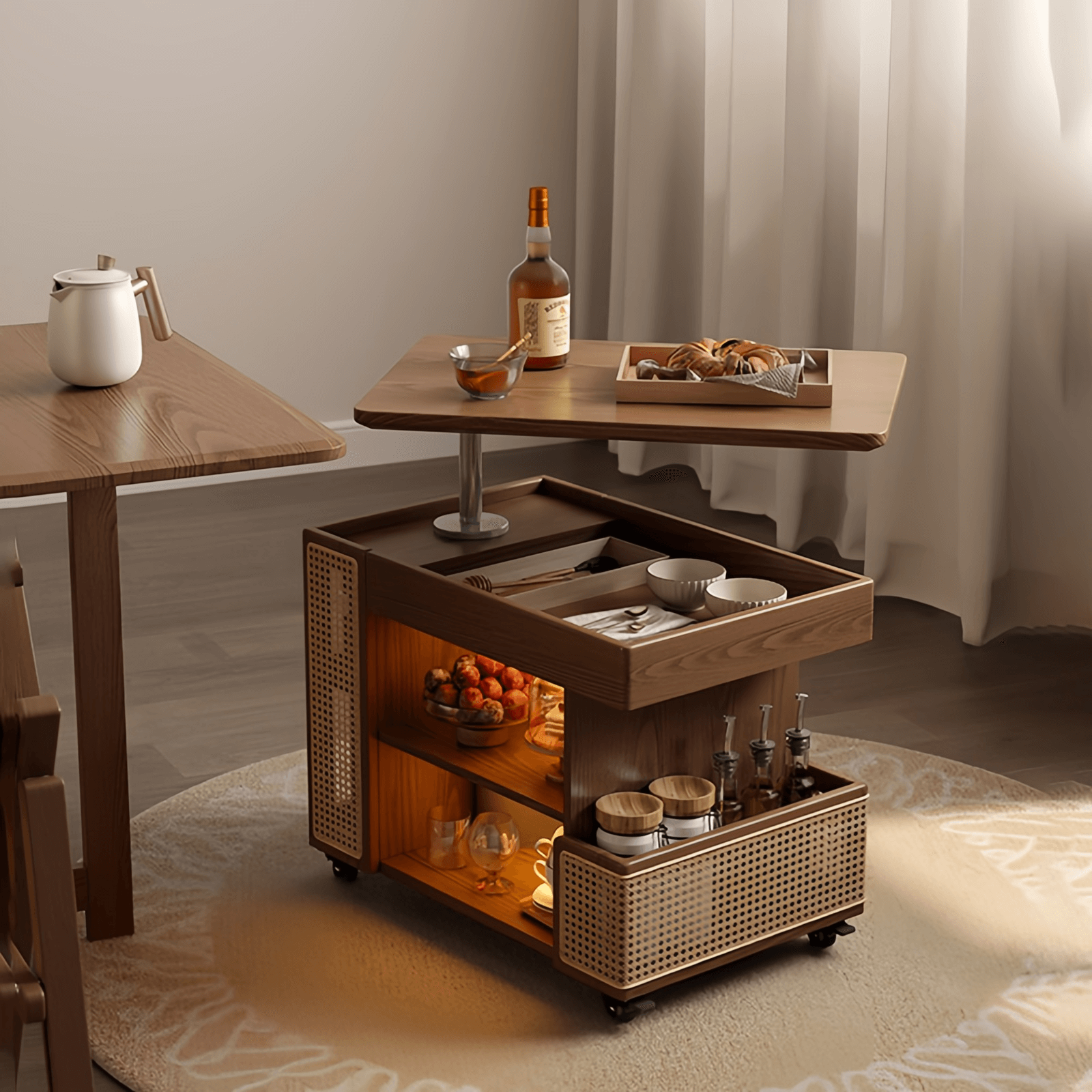 Walnuss-Hebetisch-Couch-Tisch mit Rattan-Schublade Zweitbild