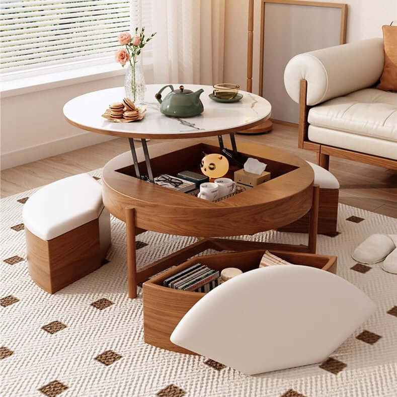 Walnut Lift-Top Coffee Table with Storage Stools