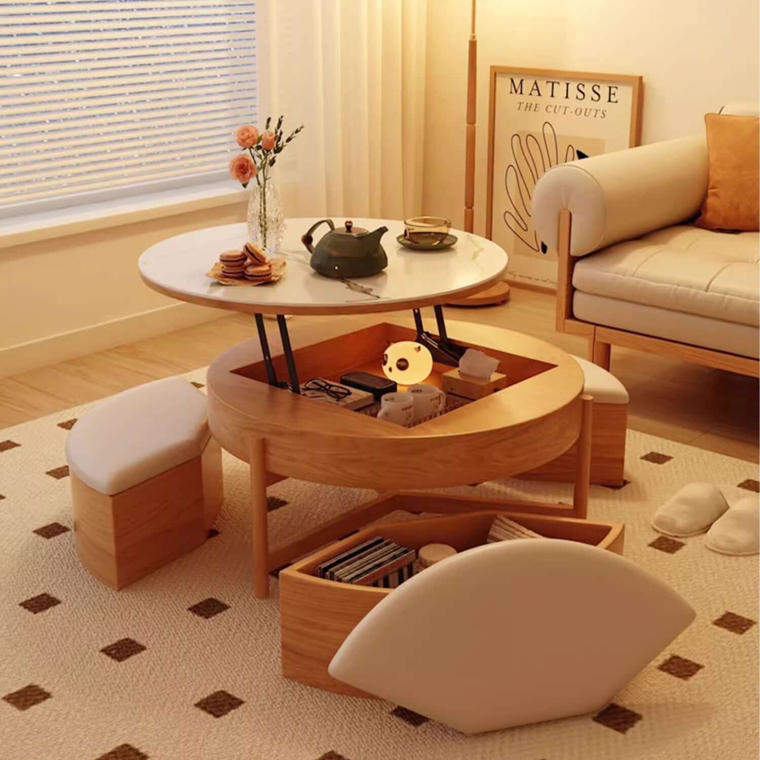 Walnut Lift-Top Coffee Table with Storage Stools