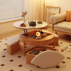 Walnut Lift-Top Coffee Table with Storage Stools