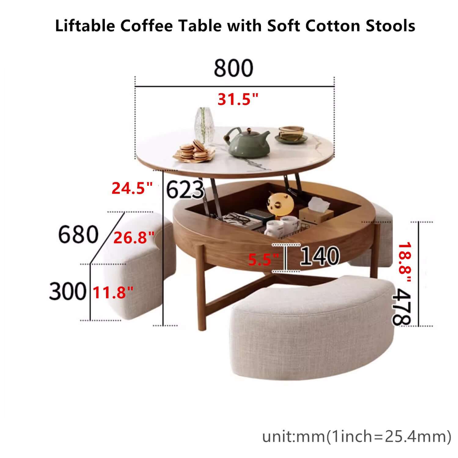 Walnut Lift-Top Coffee Table with Storage Stools