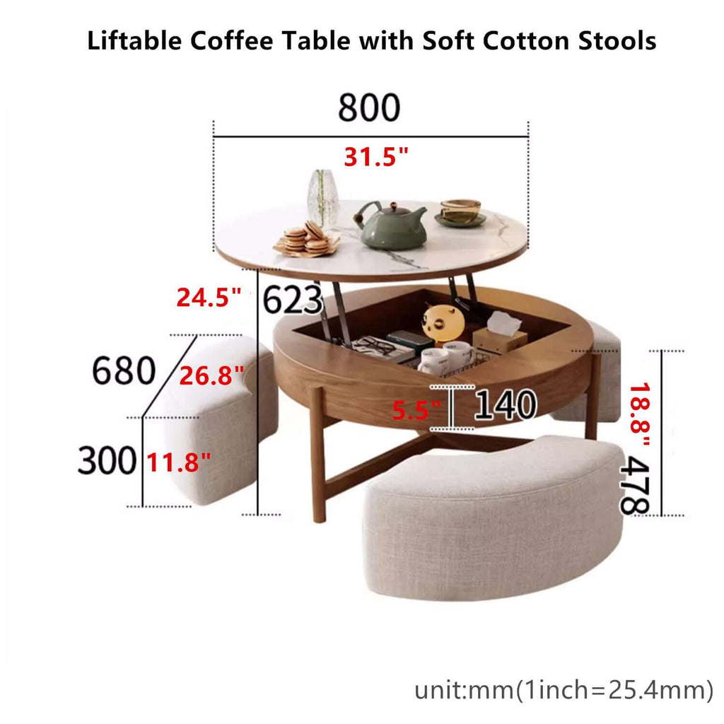 Walnut Lift-Top Coffee Table with Storage Stools