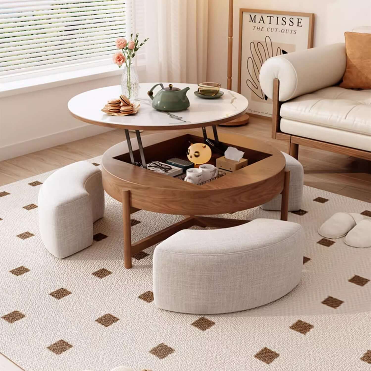 Walnut Lift-Top Coffee Table with Storage Stools