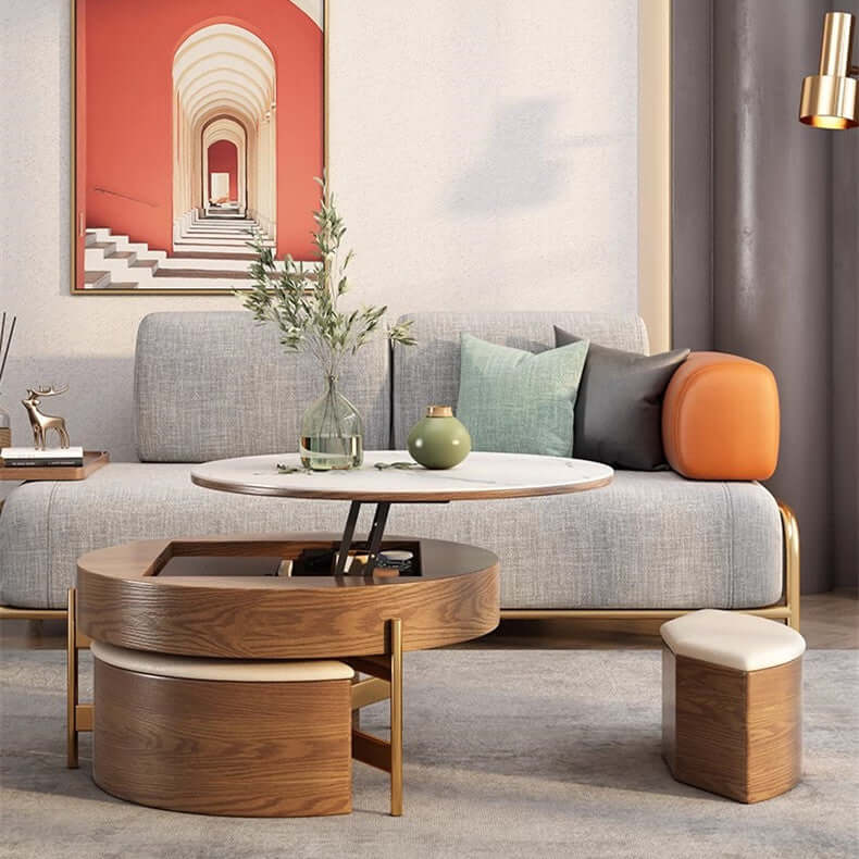 Walnut Lift-Top Coffee Table with Storage Stools