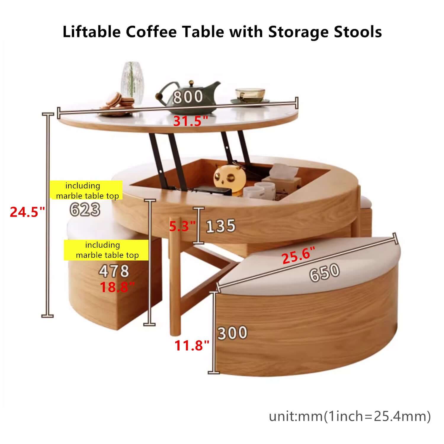 Walnut Lift-Top Coffee Table with Storage Stools