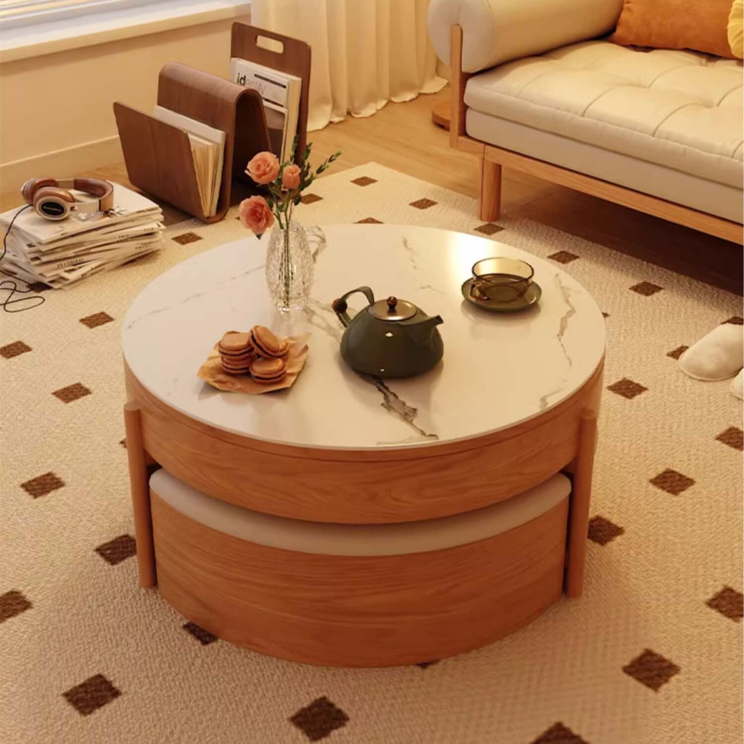 Walnut Lift-Top Coffee Table with Storage Stools