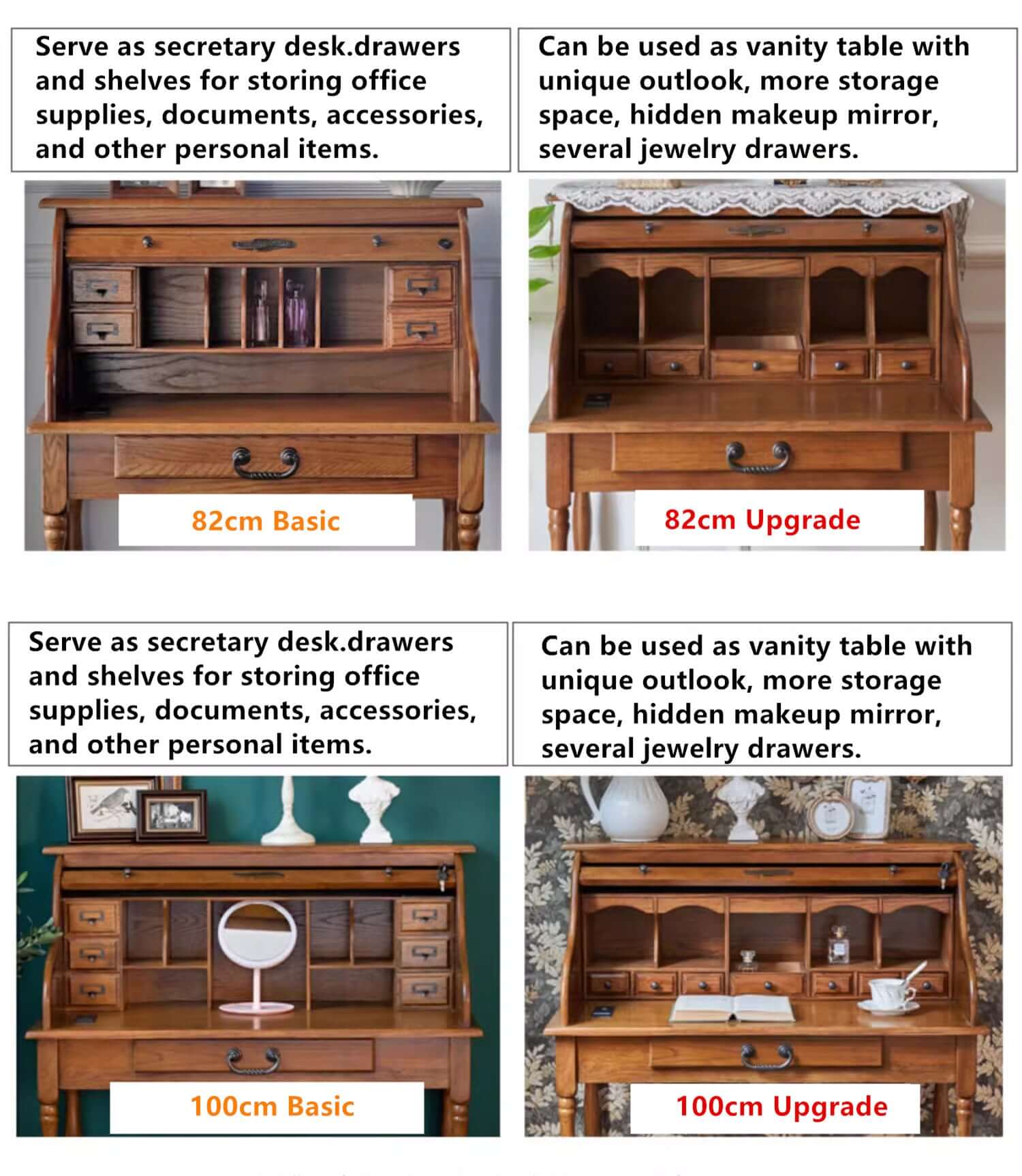 Walnut Oak Roll-Top Desk, 82cm Basic Version