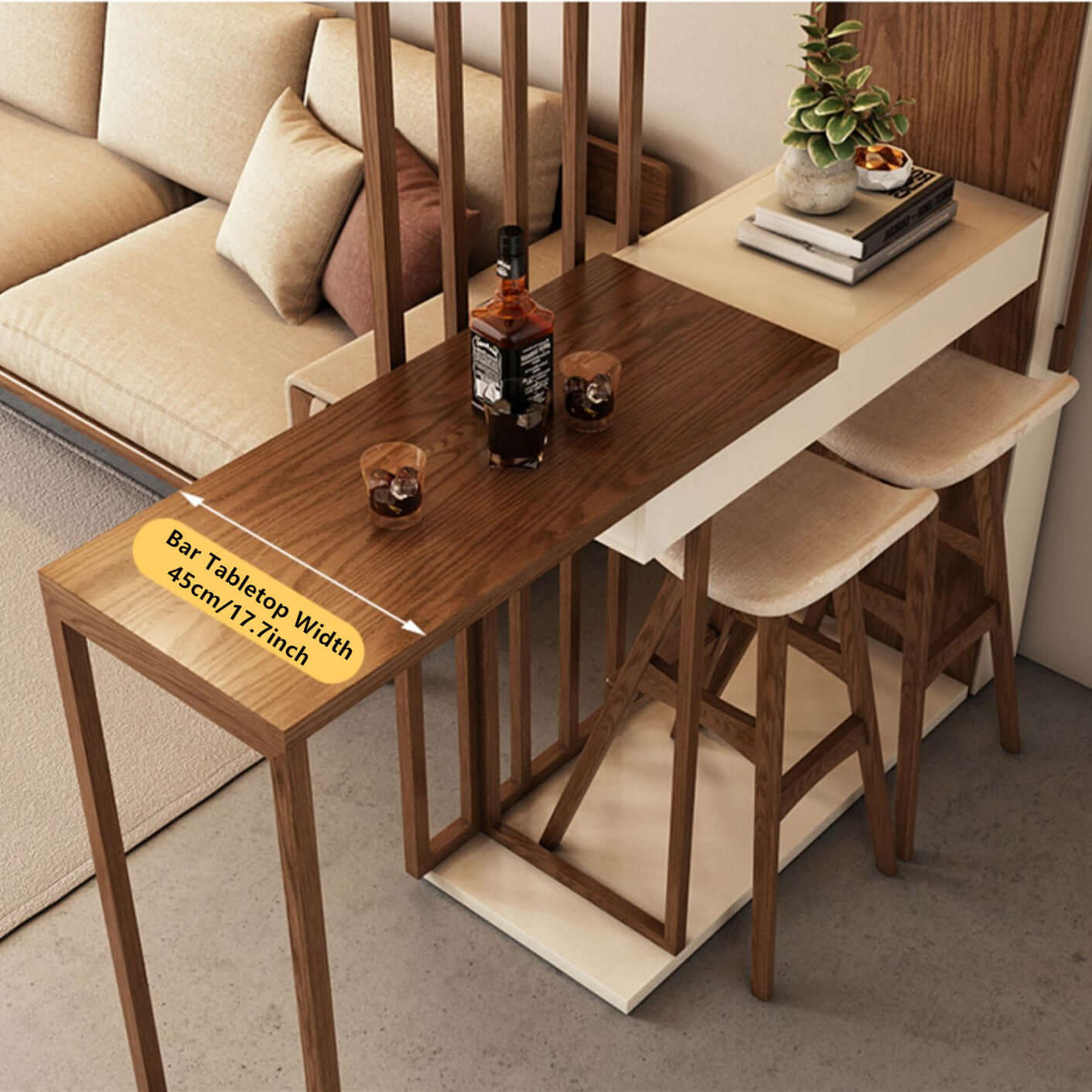 Walnut Off-White Retractable Bar Table - Modern Minimalist