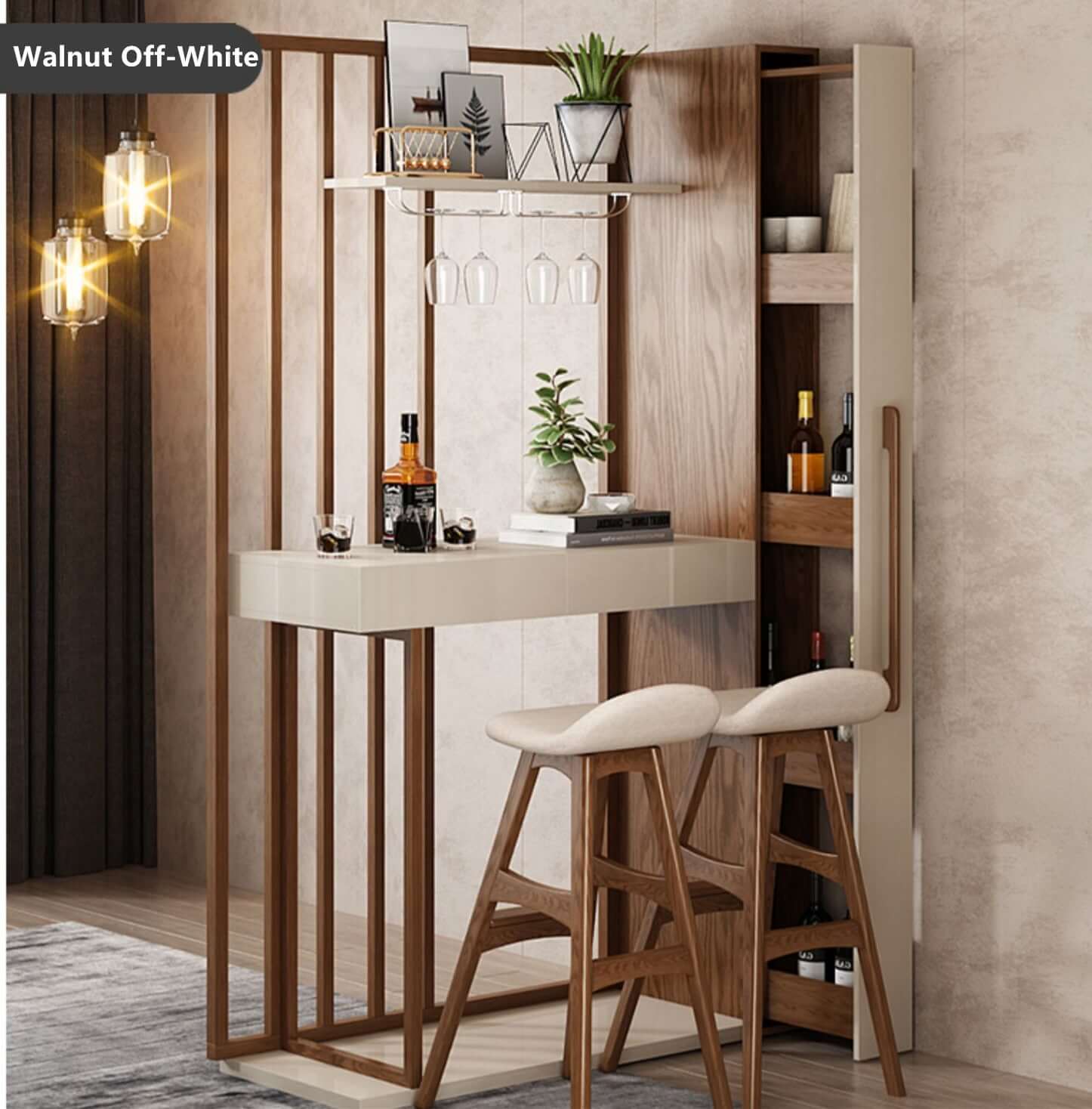 Walnut Off-White Retractable Bar Table - Modern Minimalist