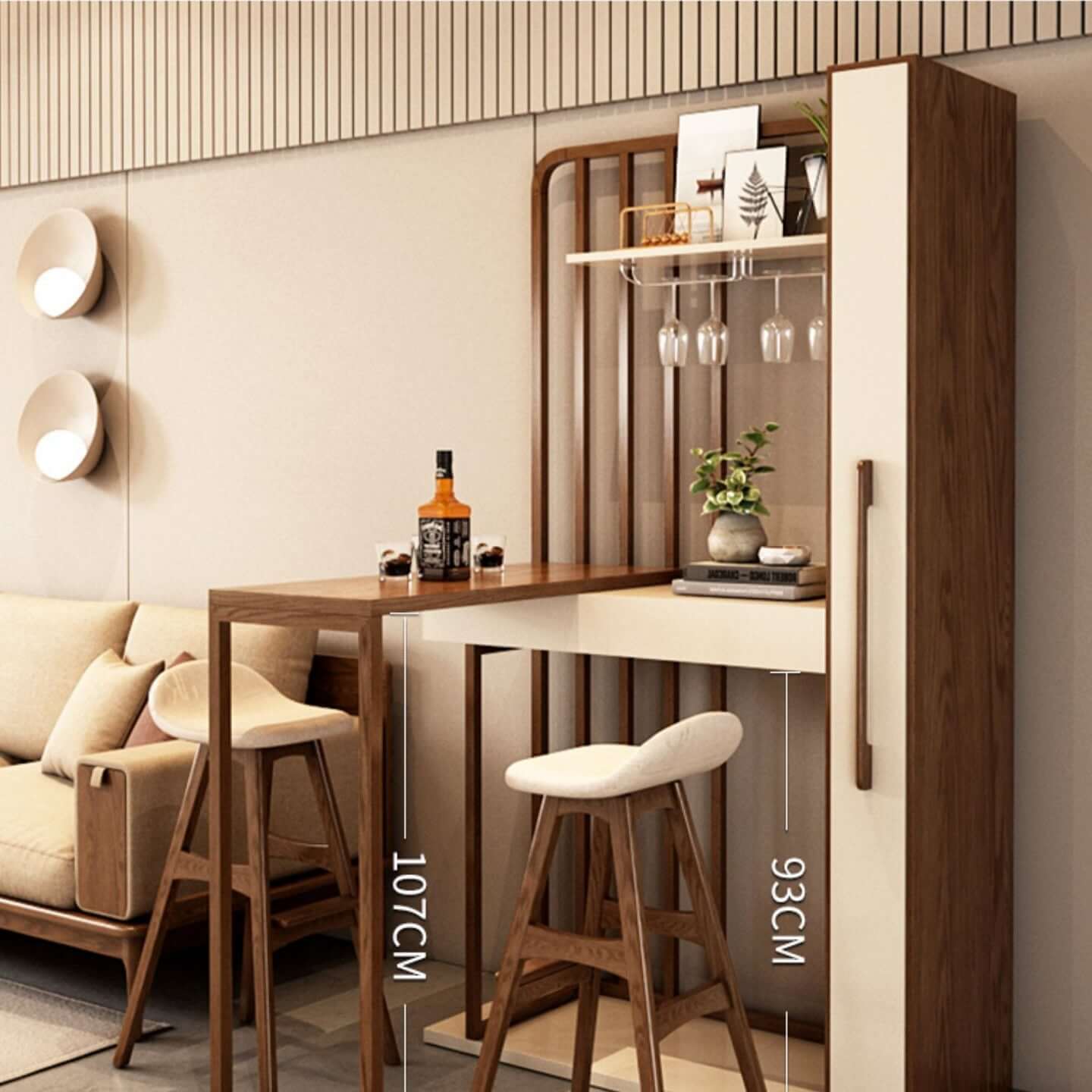 Walnut Off-White Retractable Bar Table - Modern Minimalist