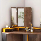 Walnut + Orange Vanity Table with 3-Panel Lighted Mirror