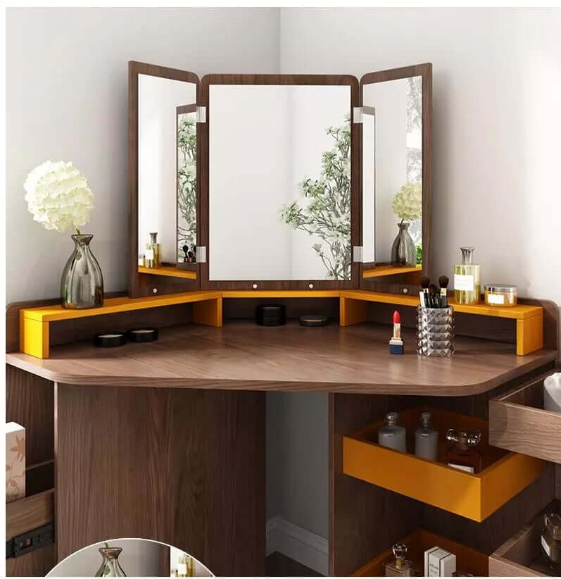 Walnut + Orange Vanity Table with 3-Panel Lighted Mirror