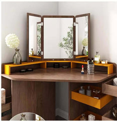 Walnut + Orange Vanity Table with 3-Panel Lighted Mirror