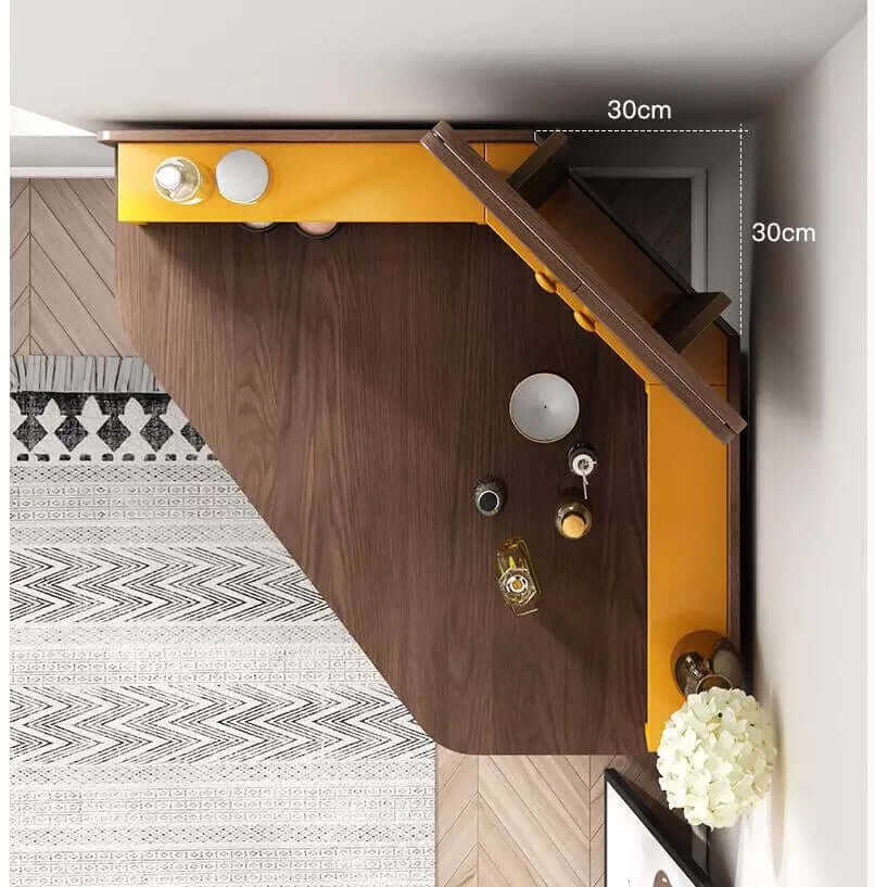 Walnut + Orange Vanity Table with 3-Panel Lighted Mirror