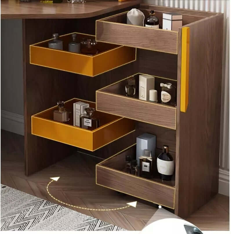 Walnut + Orange Vanity Table with 3-Panel Lighted Mirror