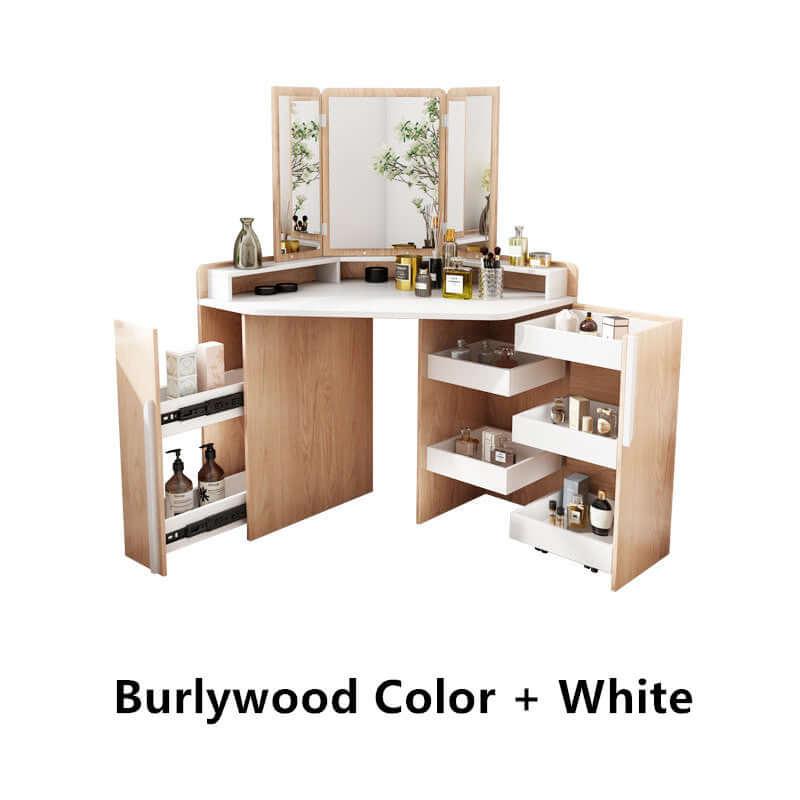 Walnut + Orange Vanity Table with 3-Panel Lighted Mirror