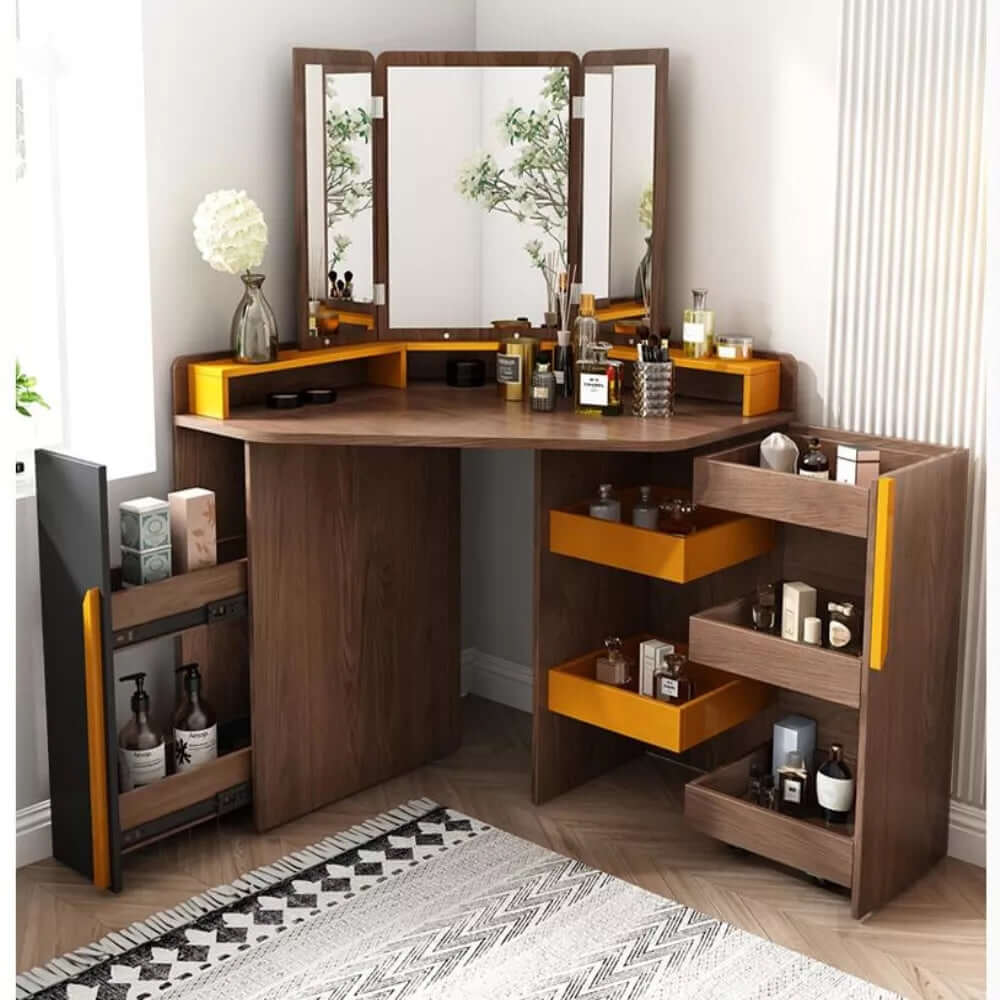 Walnut + Orange Vanity Table with 3-Panel Lighted Mirror Main Product Image
