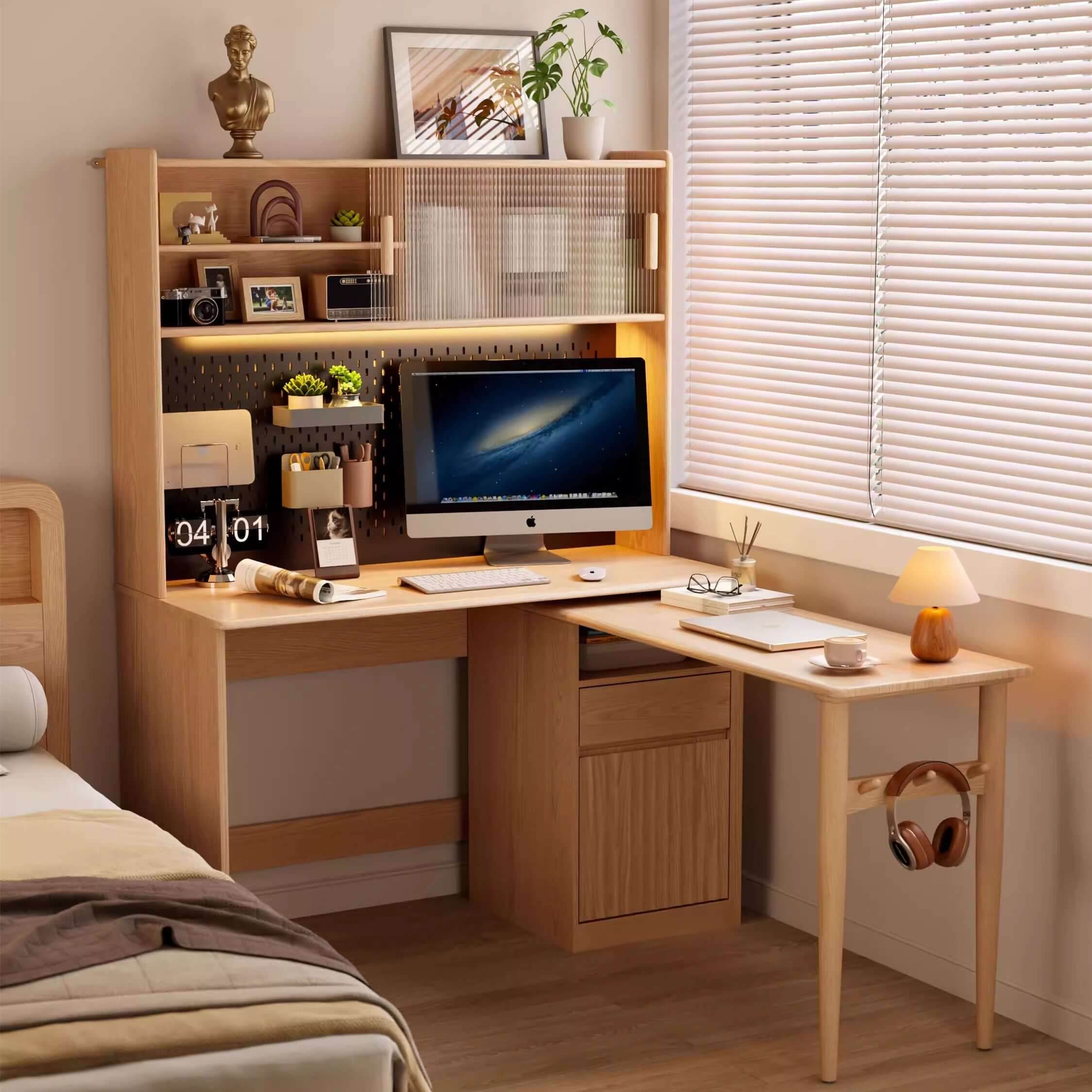Walnut Rotating Desk with Pegboard Storage