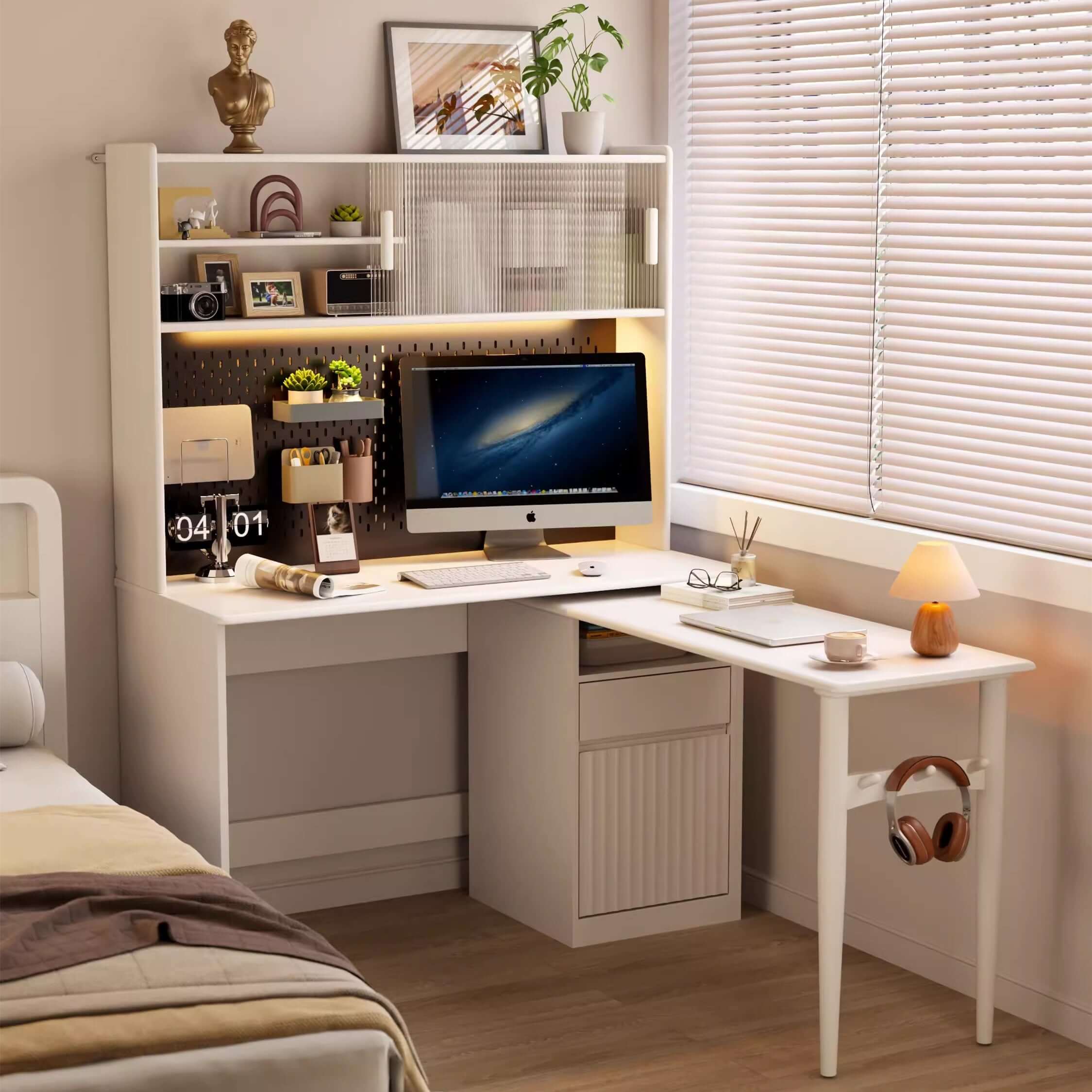 Walnut Rotating Desk with Pegboard Storage
