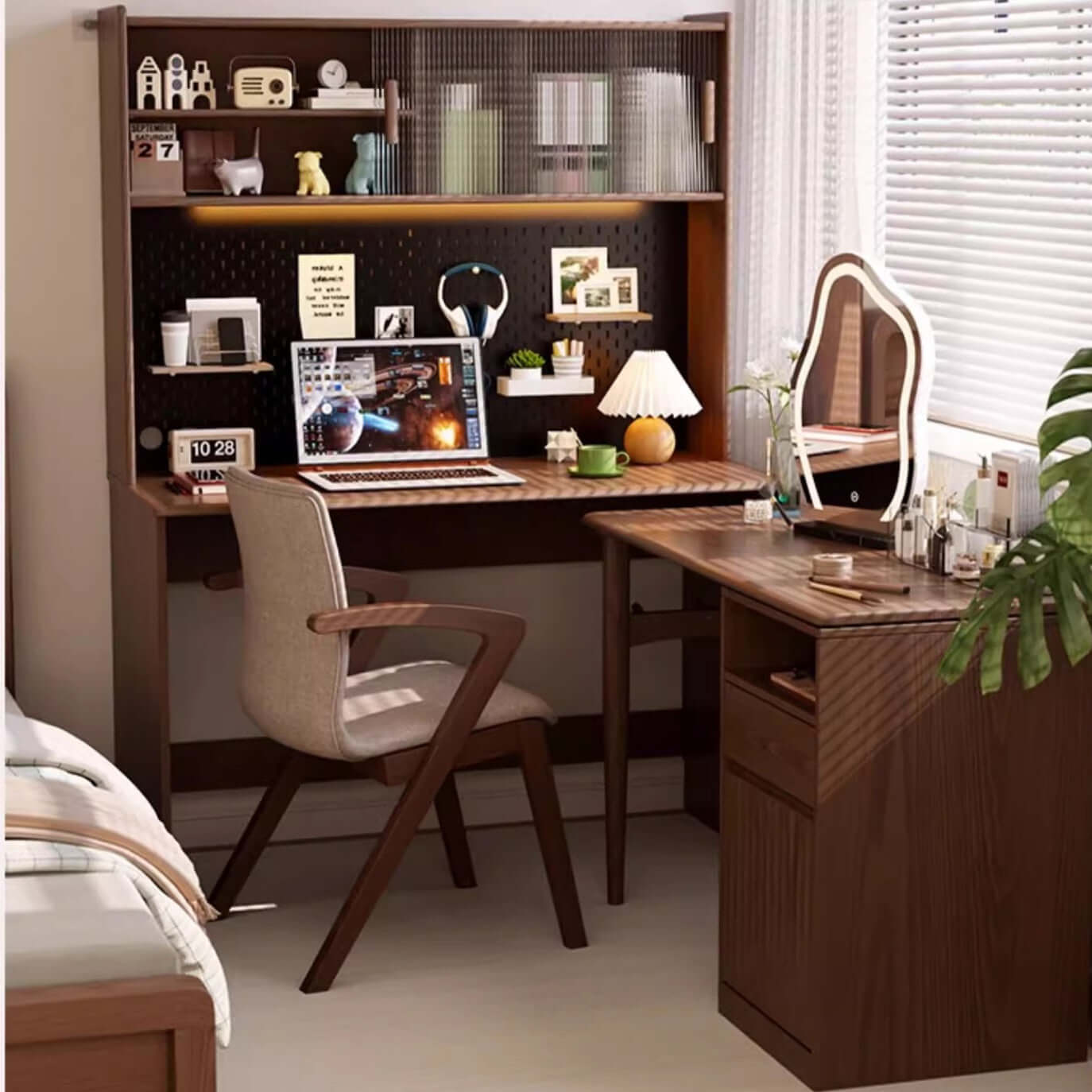Walnut Rotating Desk with Pegboard Storage