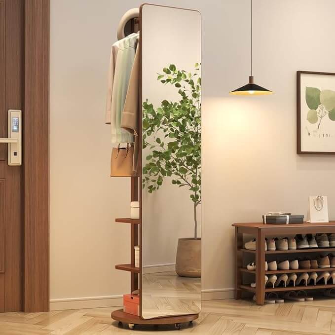 Walnut Rotating Full-Length Mirror with Coat Rack