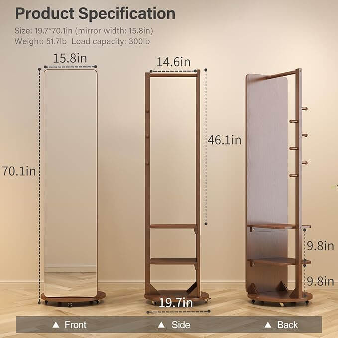 Walnut Rotating Full-Length Mirror with Coat Rack