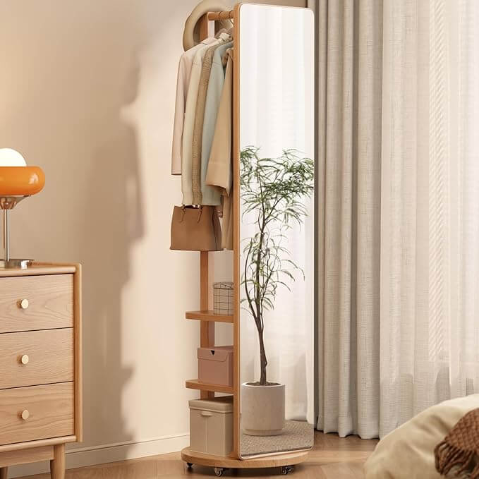 Walnut Rotating Full-Length Mirror with Coat Rack