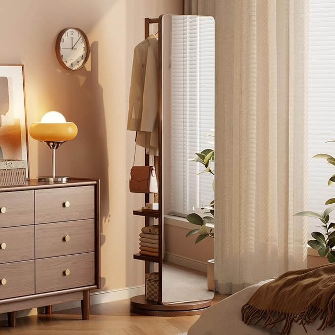 Walnut Rotating Full-Length Mirror with Coat Rack