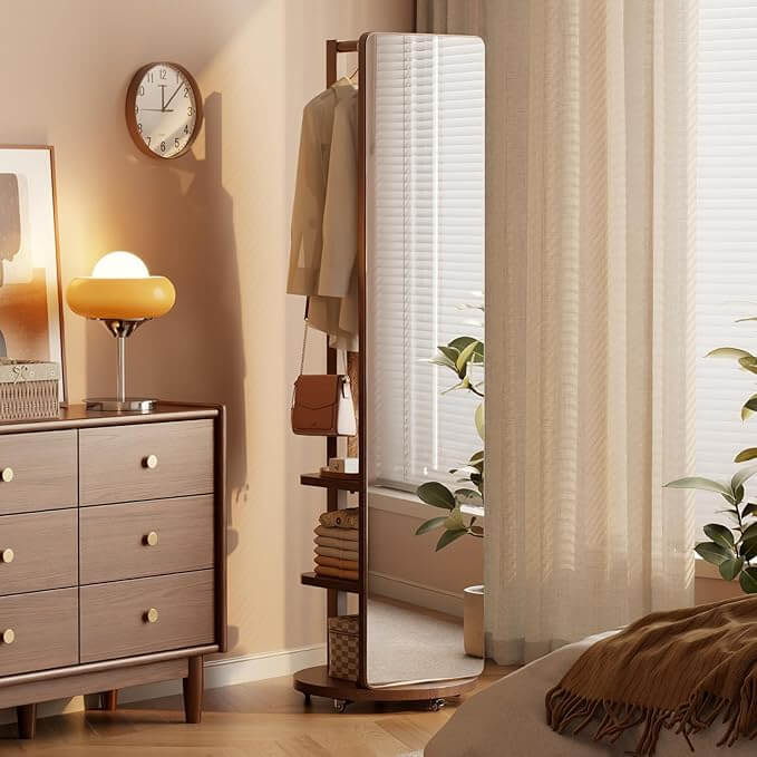Walnut Rotating Full-Length Mirror with Coat Rack