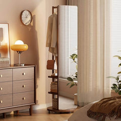 Walnut Rotating Full-Length Mirror with Coat Rack