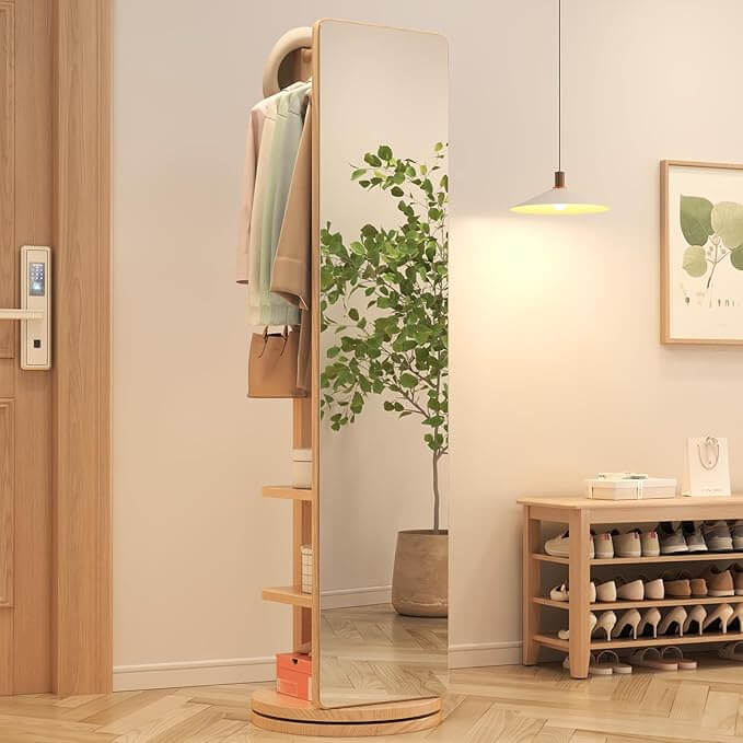 Walnut Rotating Full-Length Mirror with Coat Rack