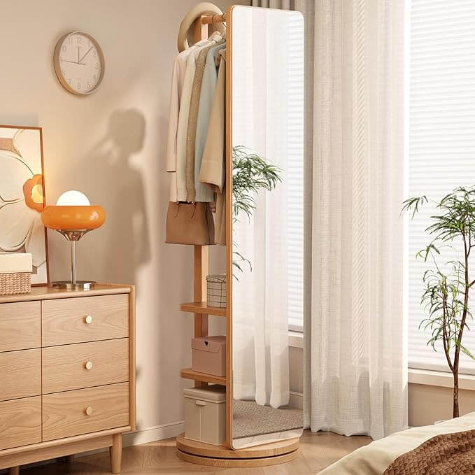 Walnut Rotating Full-Length Mirror with Coat Rack