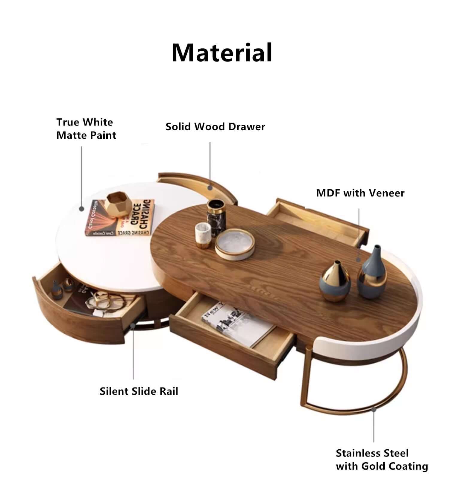 Walnut Round Coffee Table With Hidden Storage Drawers