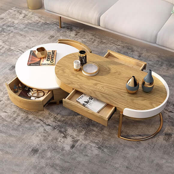 Walnut Round Coffee Table With Hidden Storage Drawers