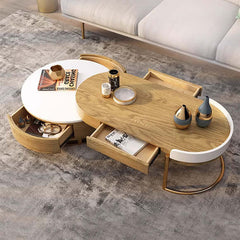 Walnut Round Coffee Table With Hidden Storage Drawers