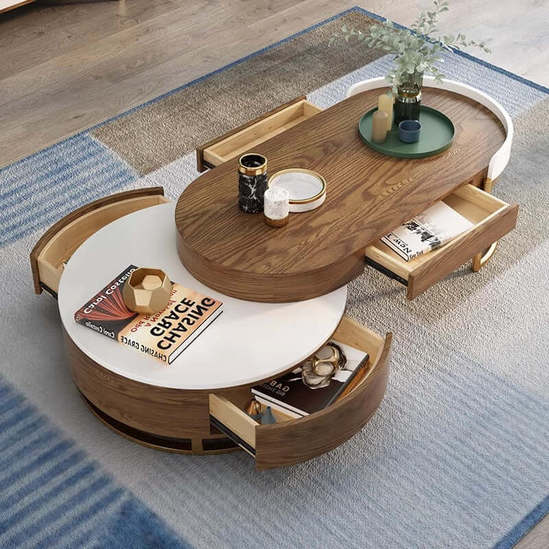 Walnut Round Coffee Table With Hidden Storage Drawers