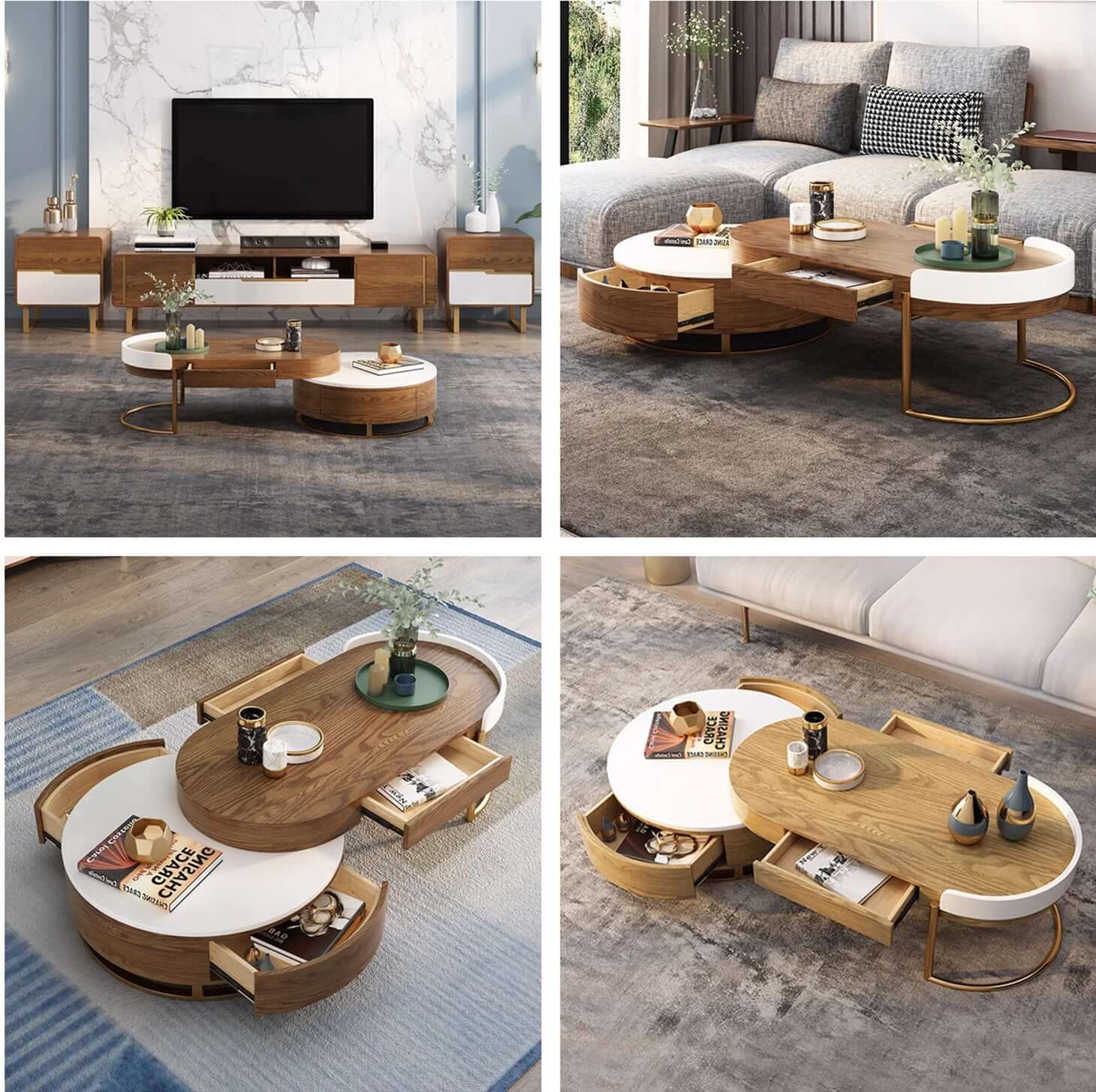 Walnut Round Coffee Table With Hidden Storage Drawers Main Product Image Hauptbild