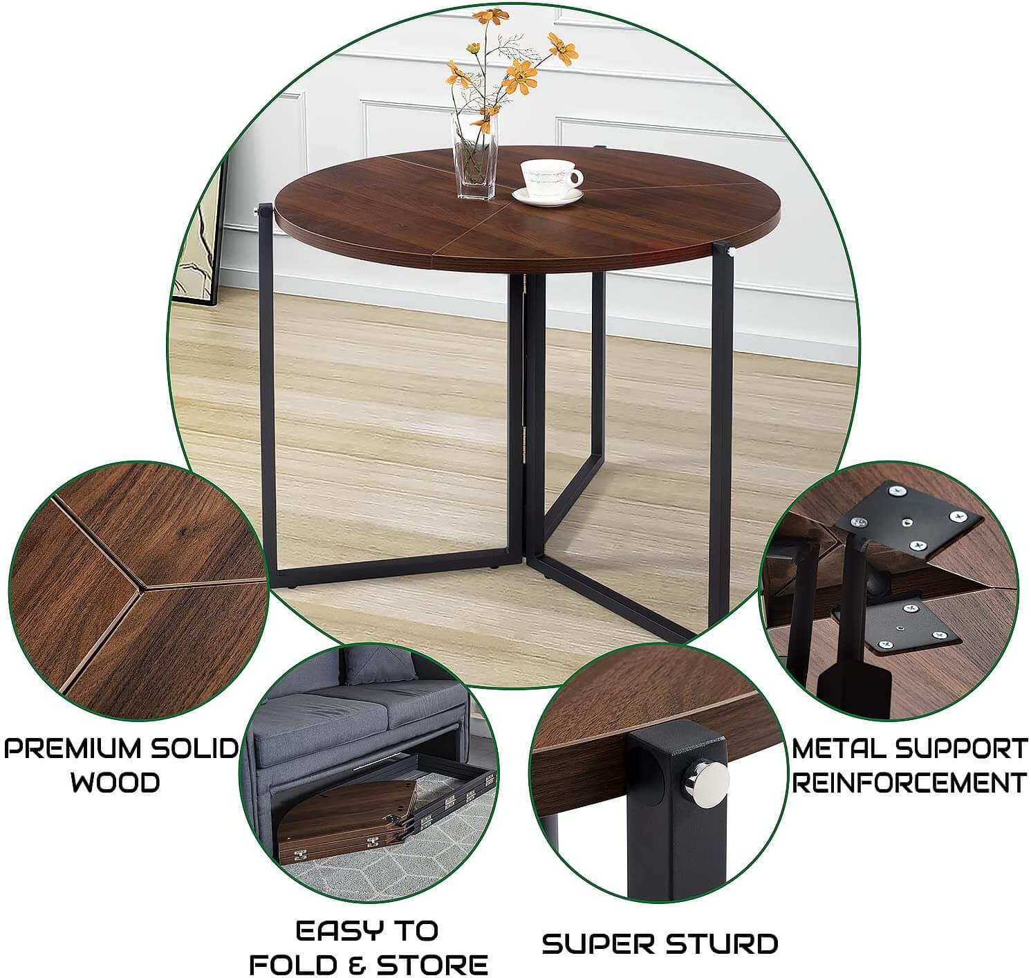Walnut Round Folding Table With Space-Saving Design