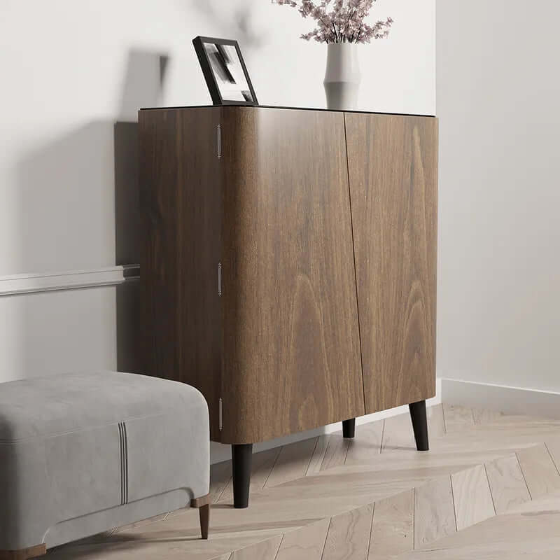 Walnut Shoe Storage Cabinet With 5 Shelves And 2 Doors