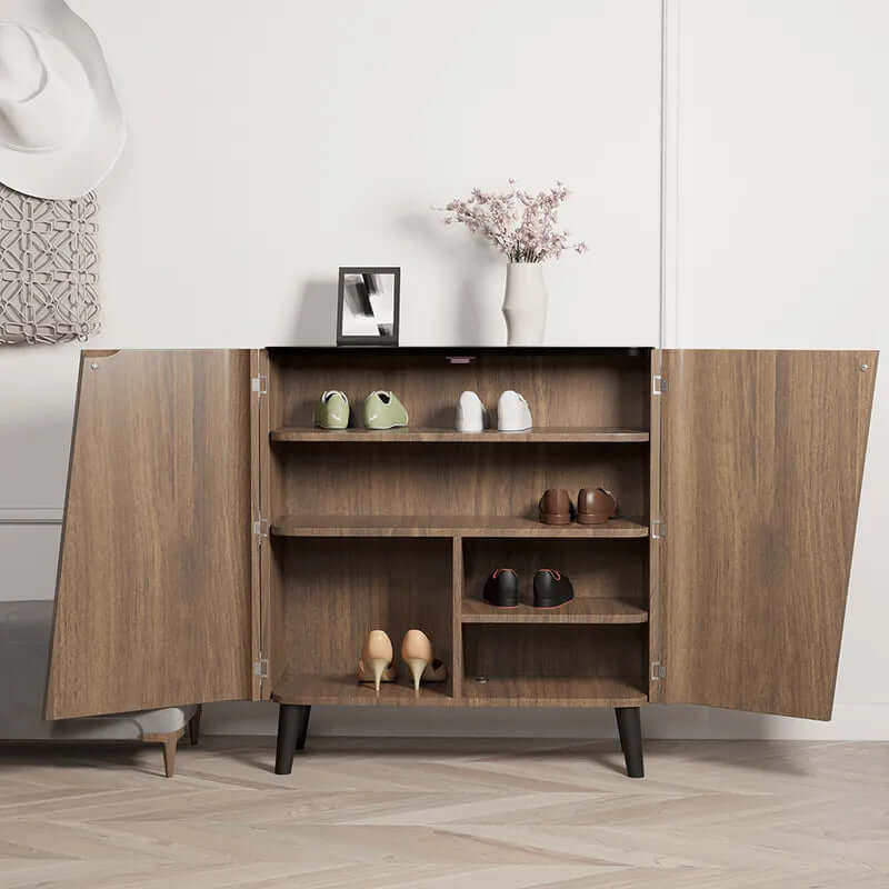 Walnut Shoe Storage Cabinet With 5 Shelves And 2 Doors