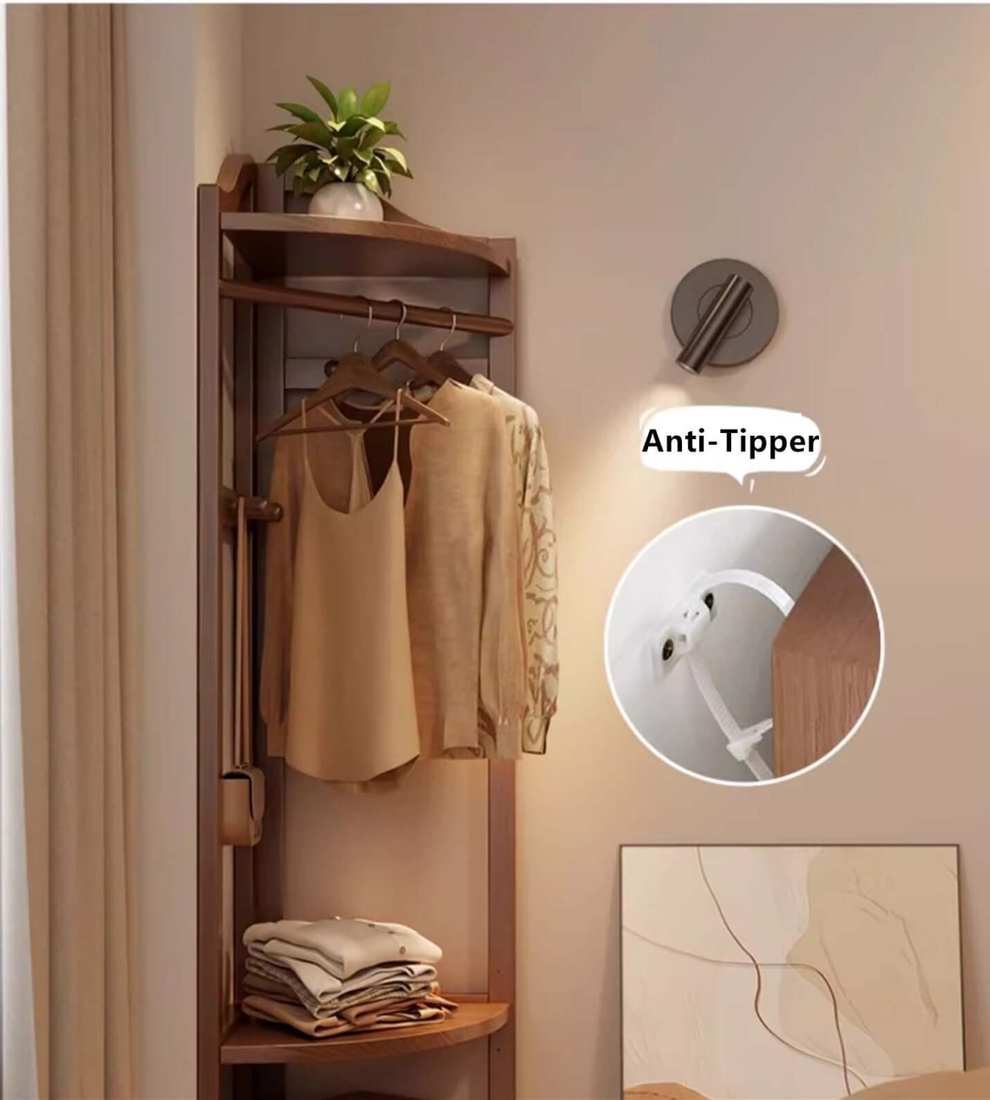 Walnut Solid Wood Corner Coat Rack with Adjustable Shelf