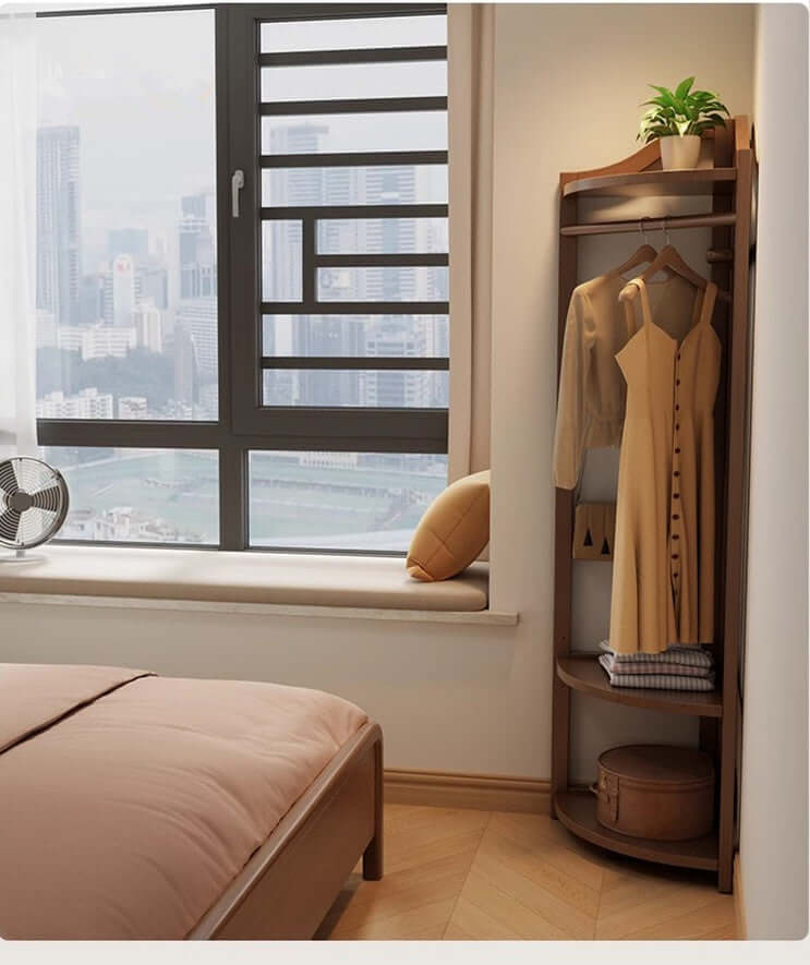 Walnut Solid Wood Corner Coat Rack with Adjustable Shelf