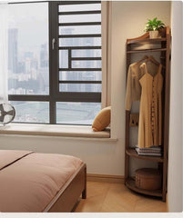 Walnut Solid Wood Corner Coat Rack with Adjustable Shelf