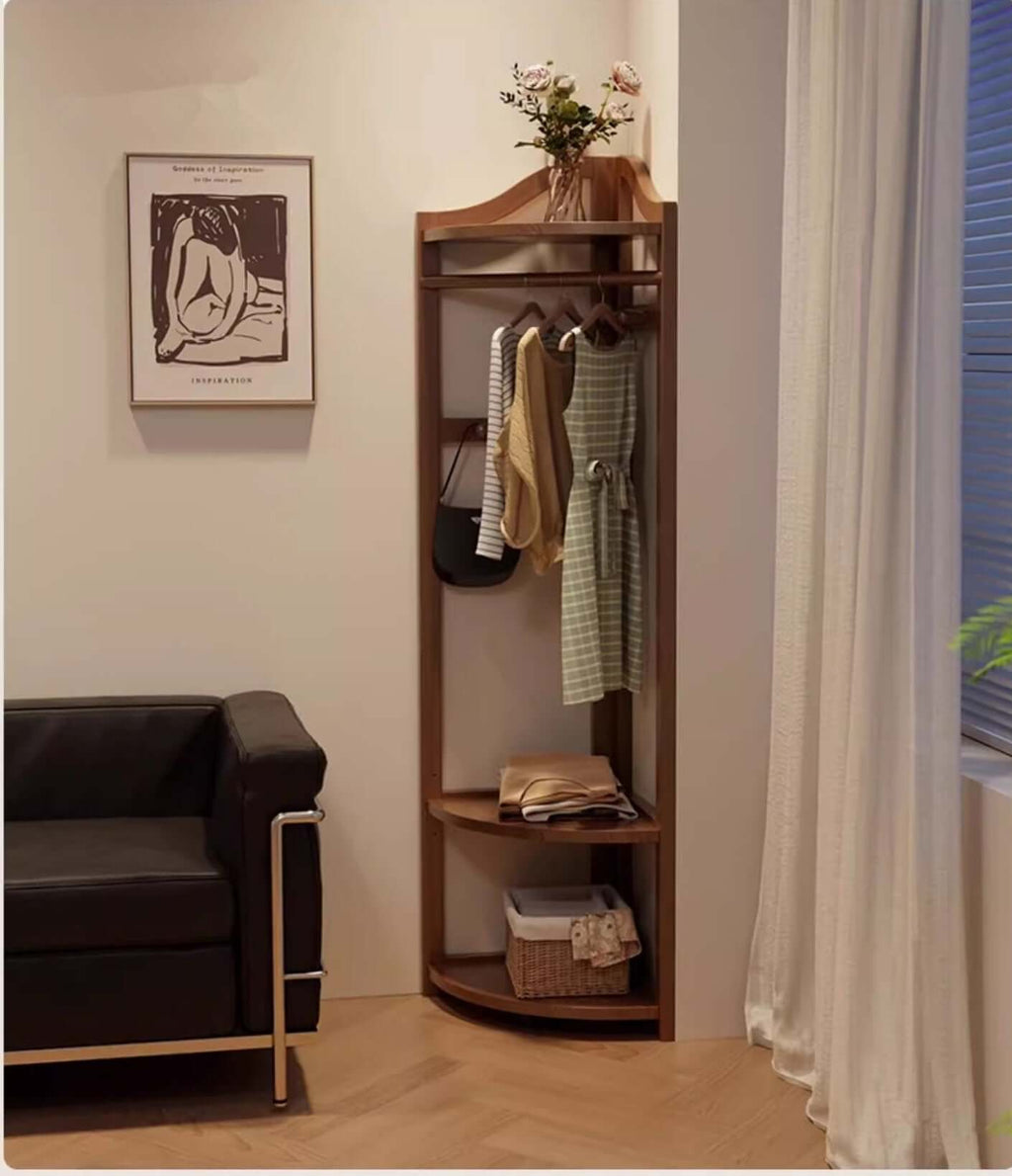 Walnut Solid Wood Corner Coat Rack with Adjustable Shelf